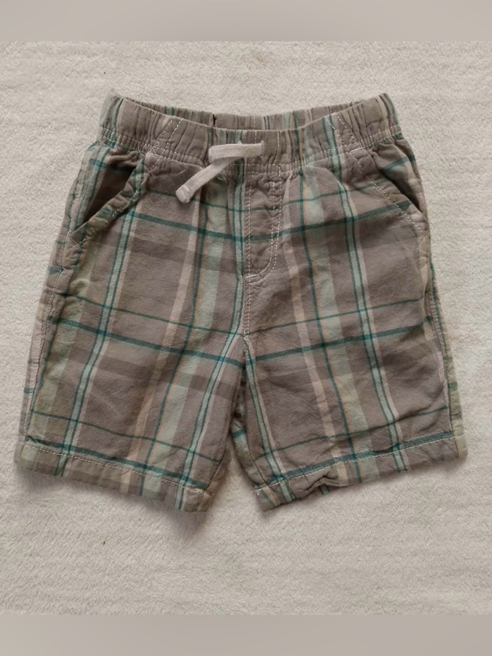 Jumping Beans Toddler Boy Plaid Pull-On Shorts 5T Tan Blue Aqua Cotton GUC